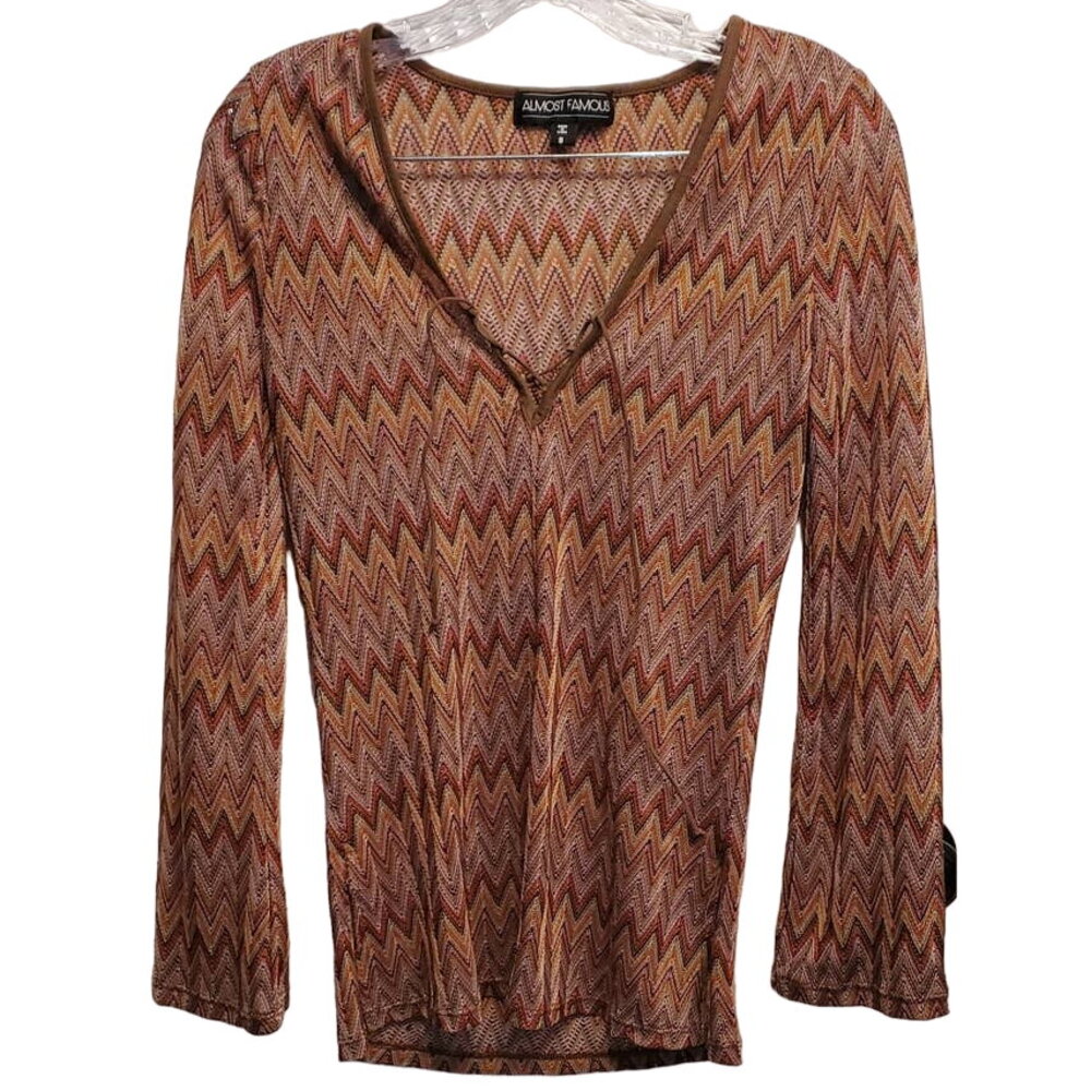 Almost Famous Zig Zag Long Sleeve V-neck tie festival hippie shirt Small